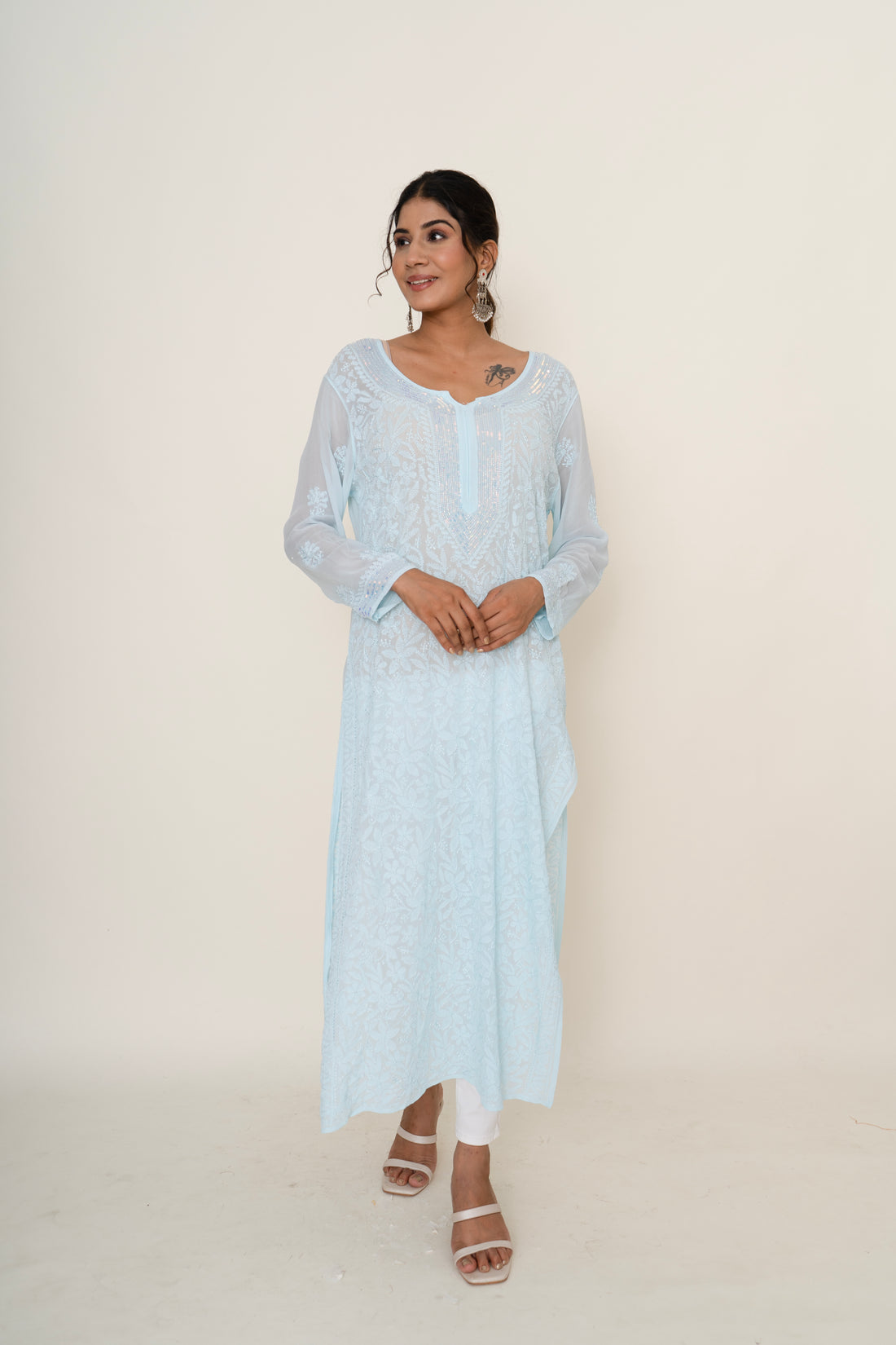 Blue chikankari long kurta