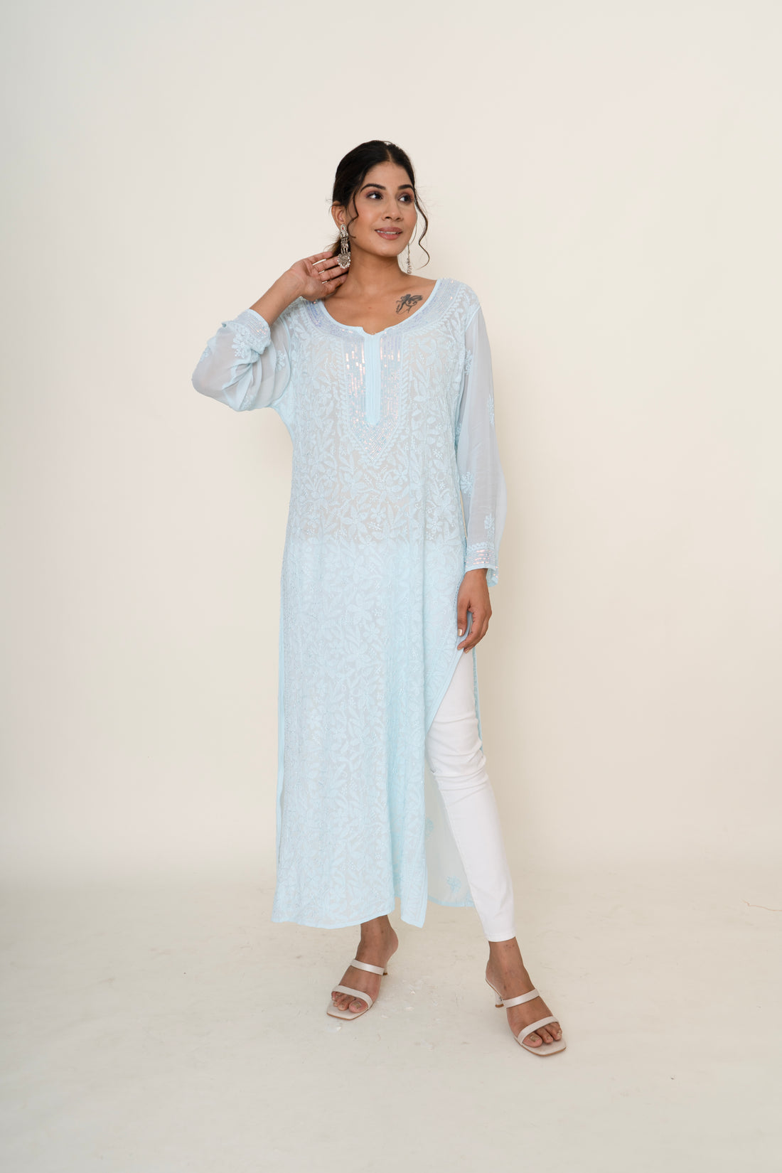 Blue chikankari long kurta