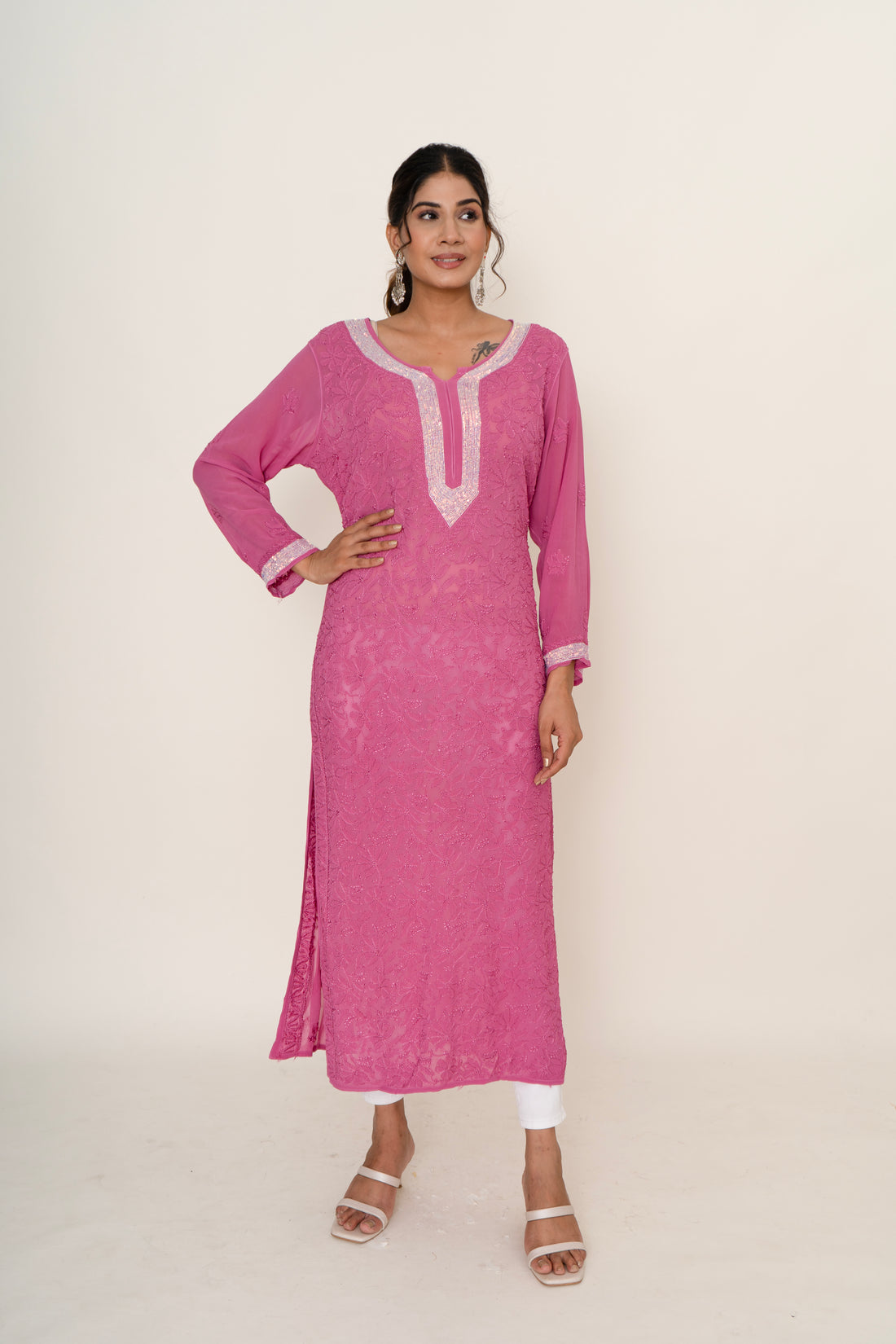 Pink chikankari long kurta