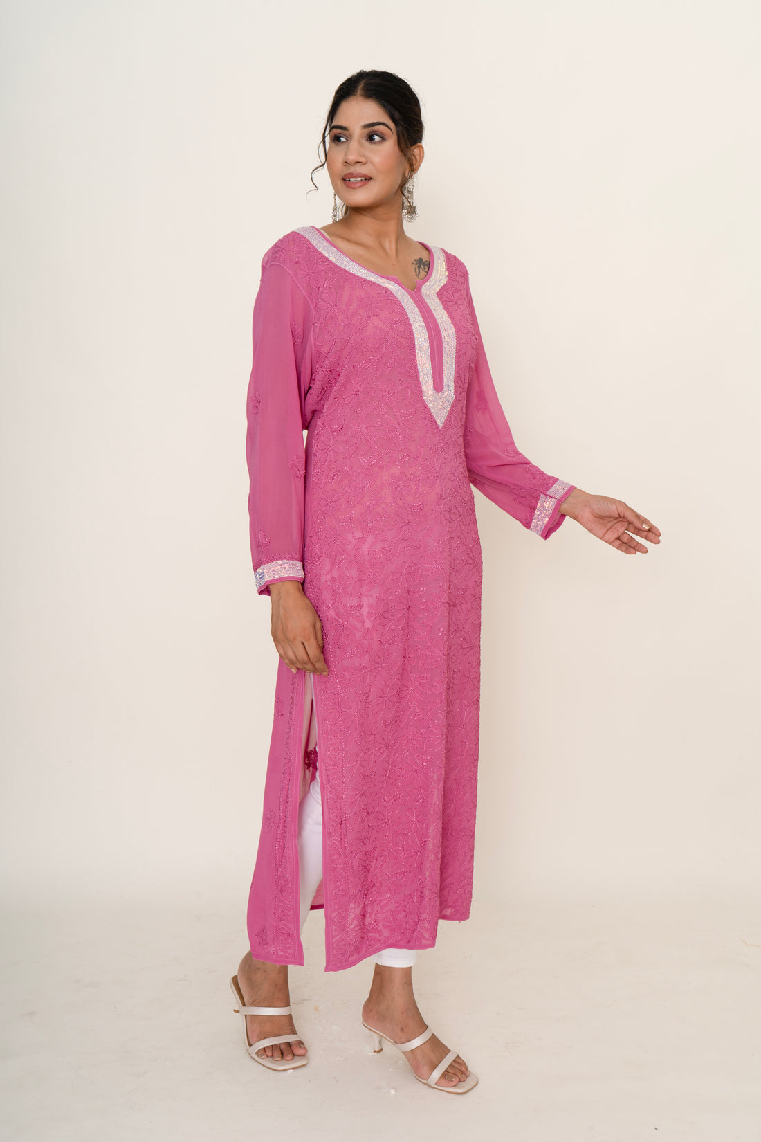 Pink chikankari long kurta