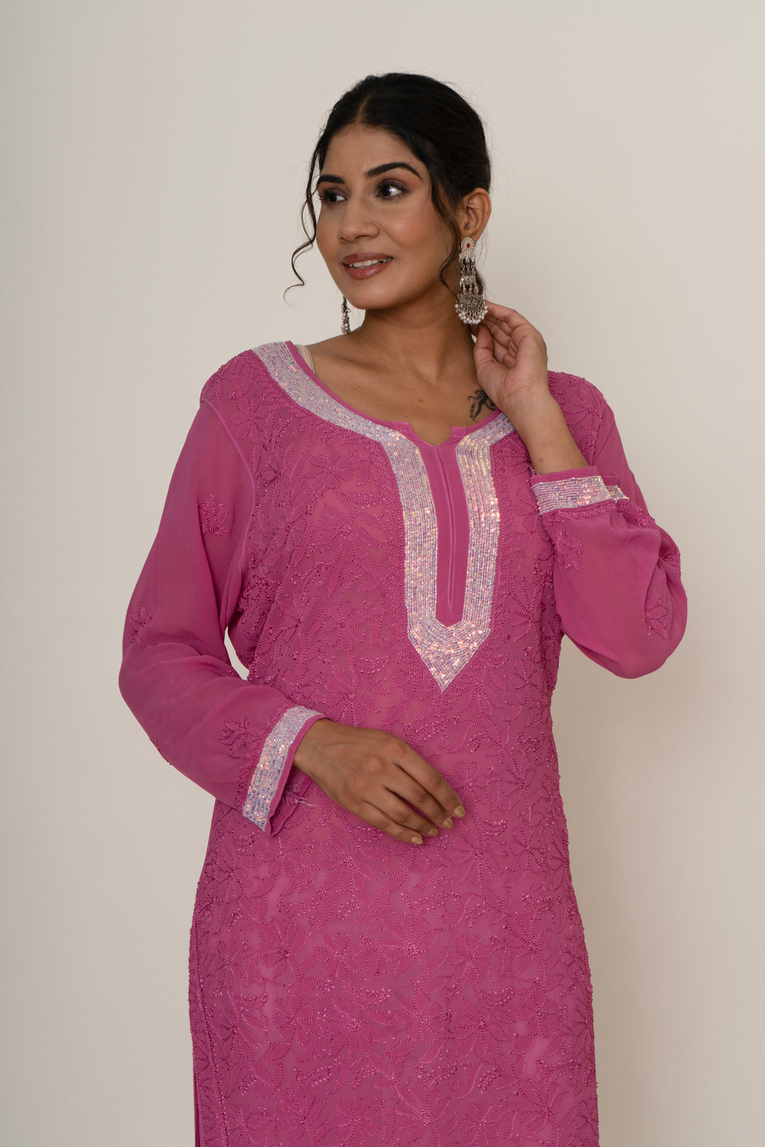 Pink chikankari long kurta