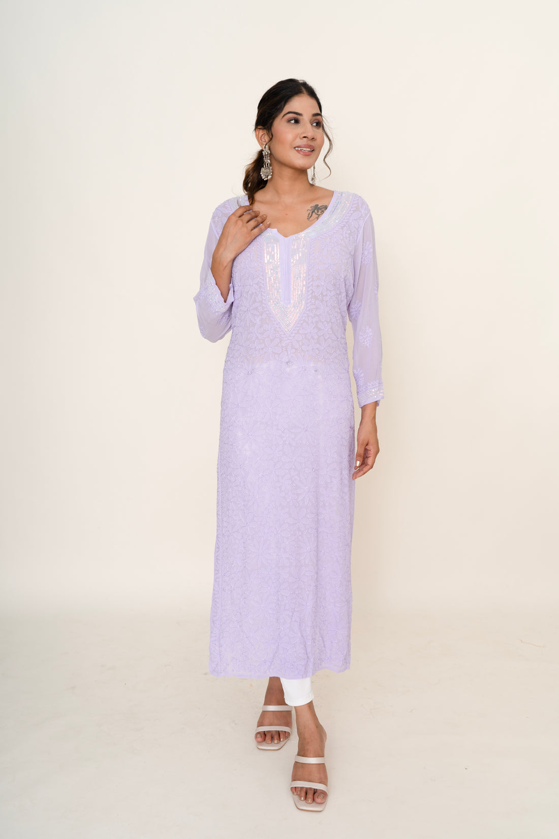 Lavender chikankari long kurta