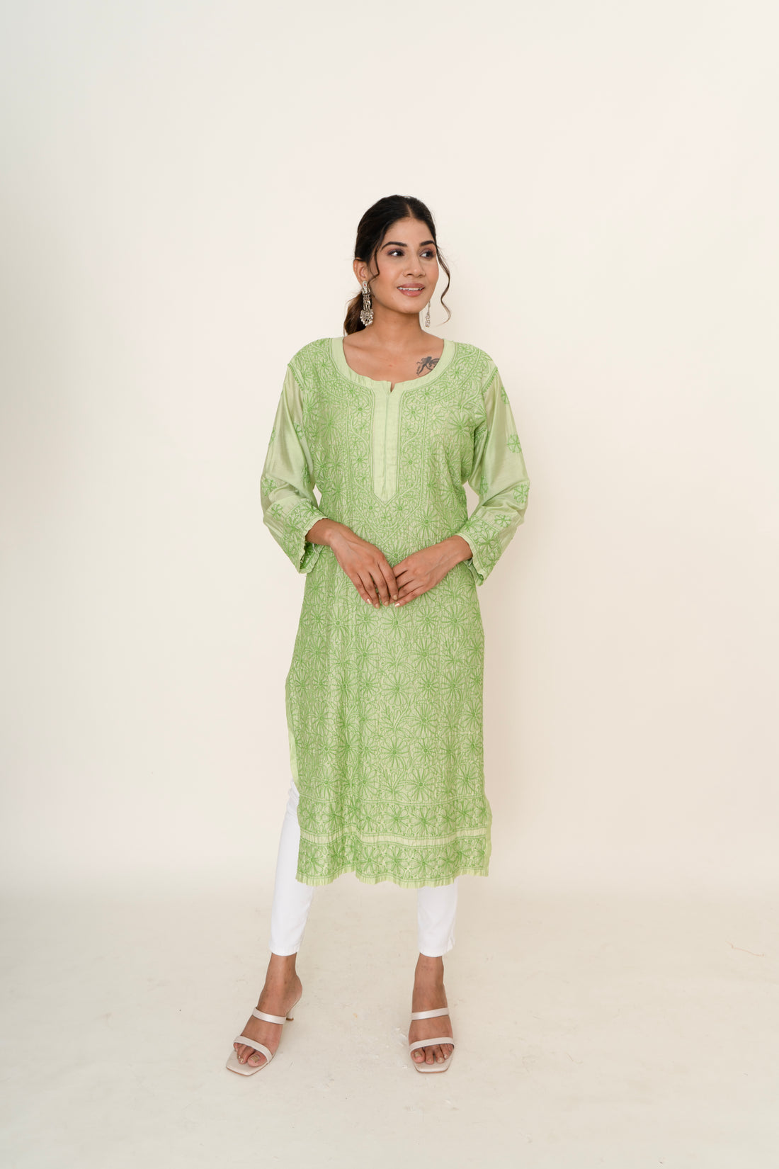 Green chikankari long kurta