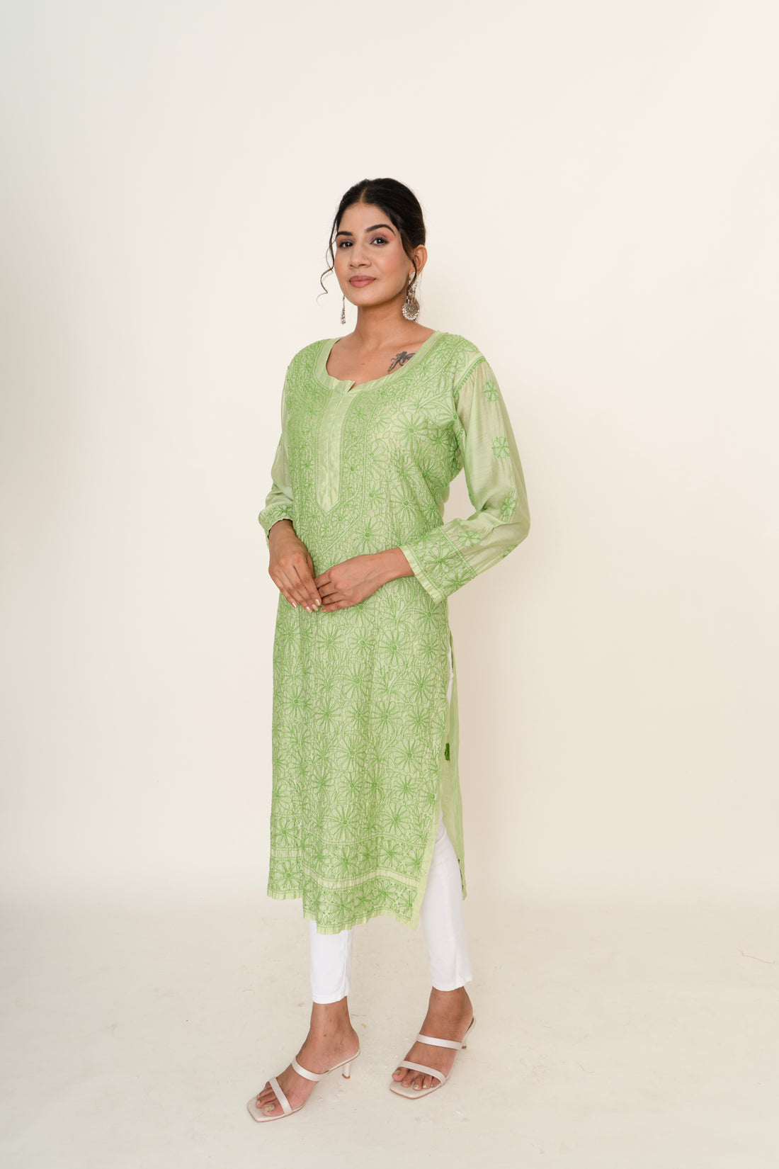 Green chikankari long kurta