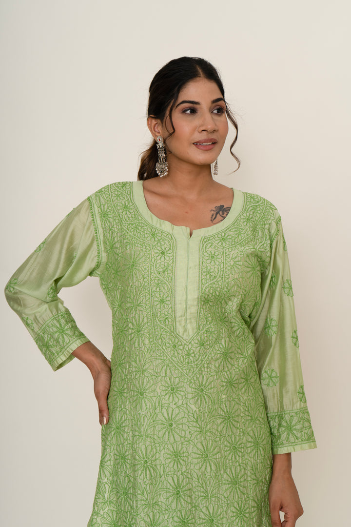 Green chikankari long kurta