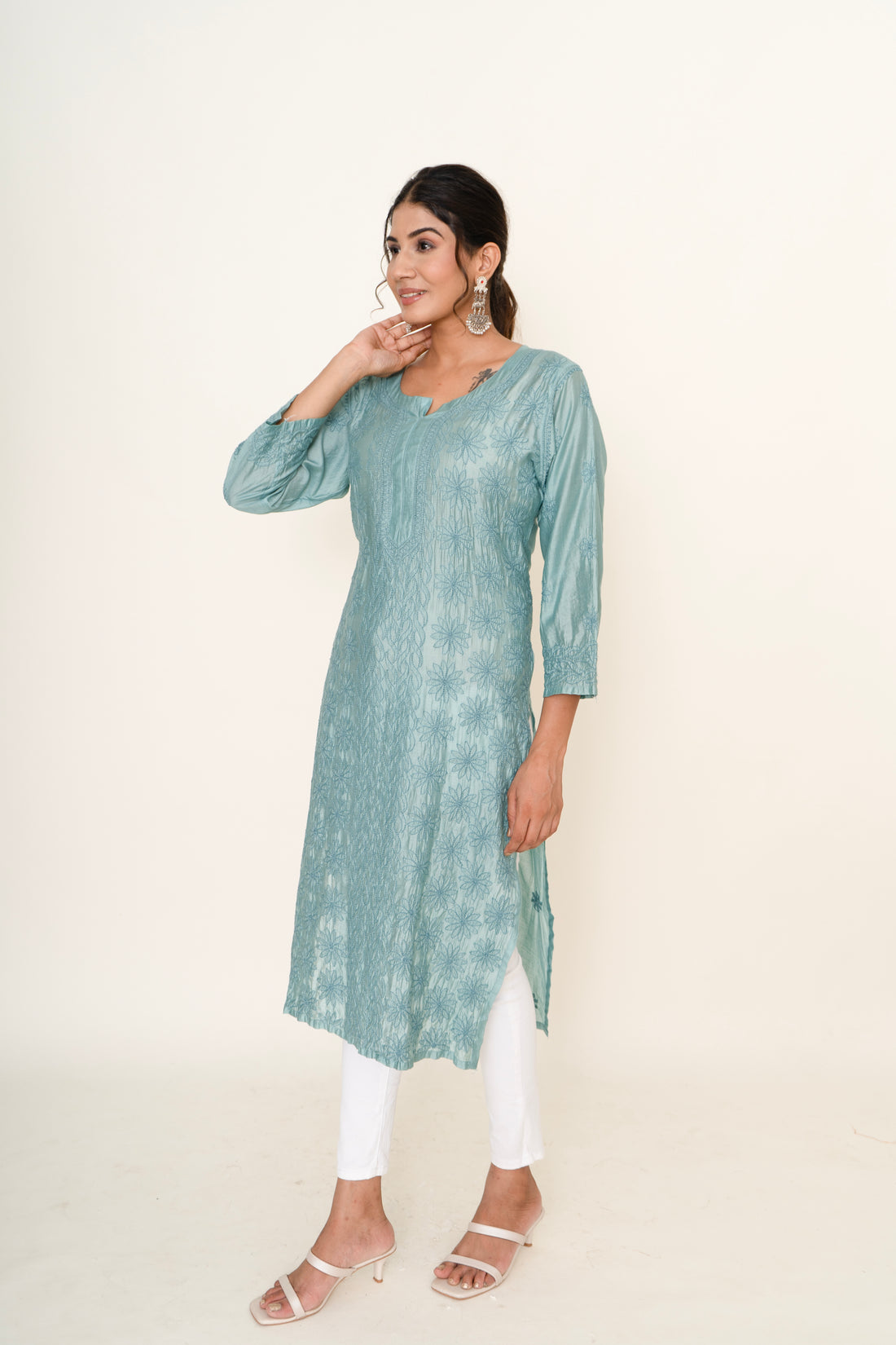 Blue chikankari long kurta