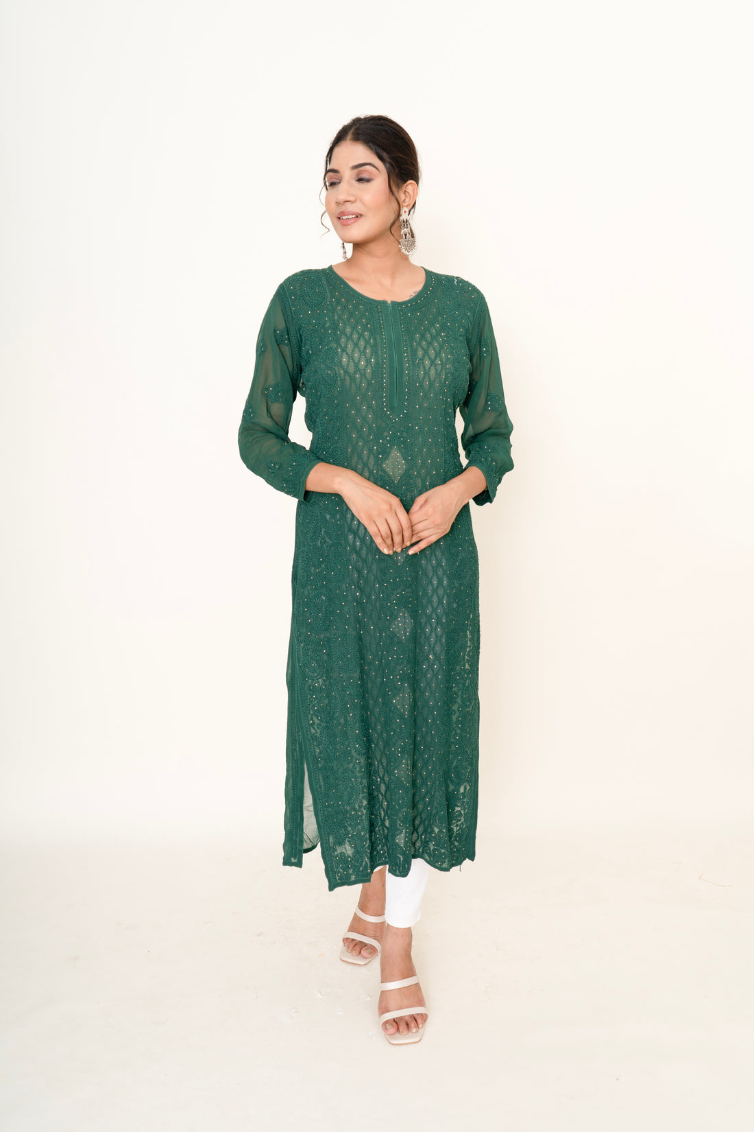 Green chikankari long kurta