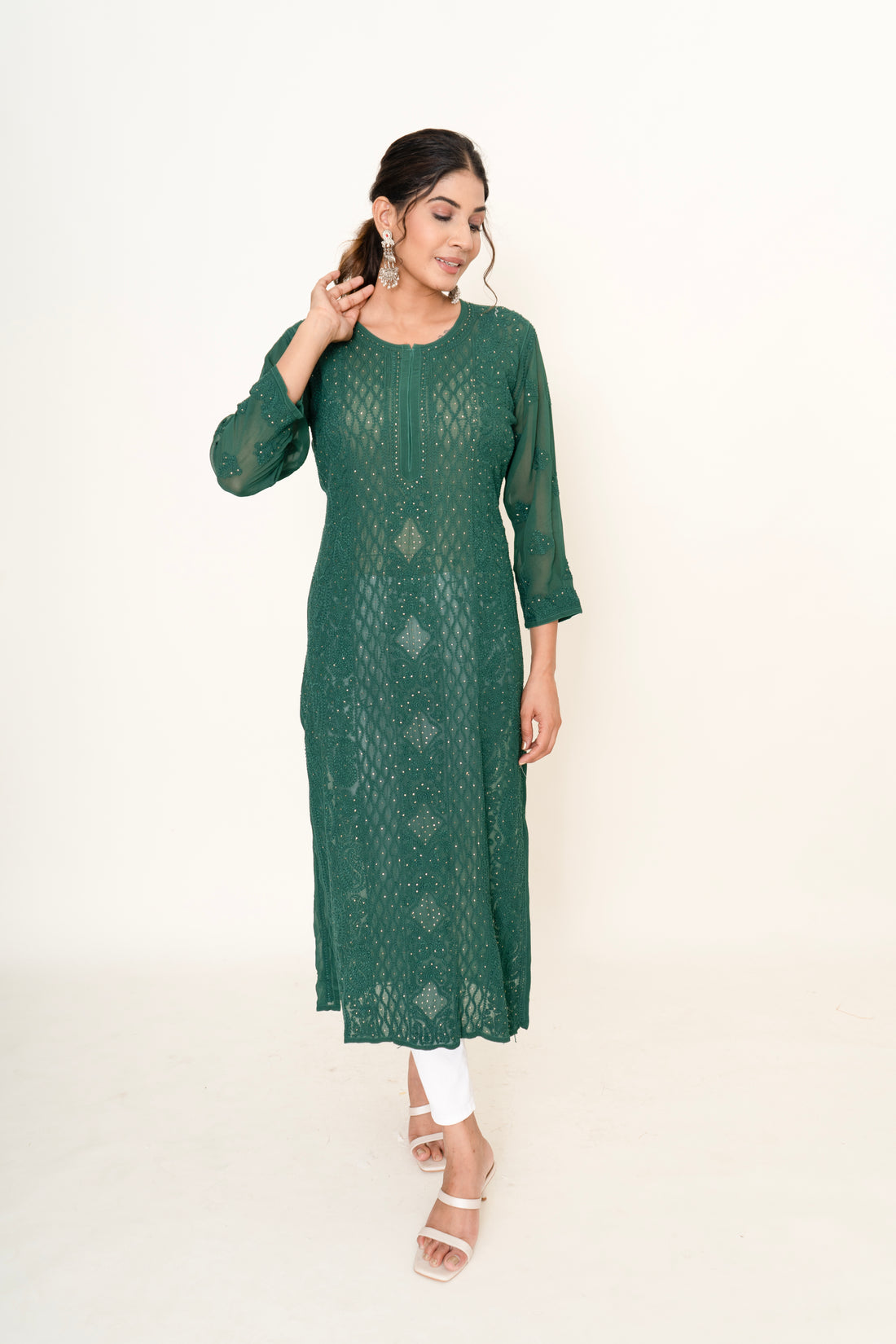 Green chikankari long kurta