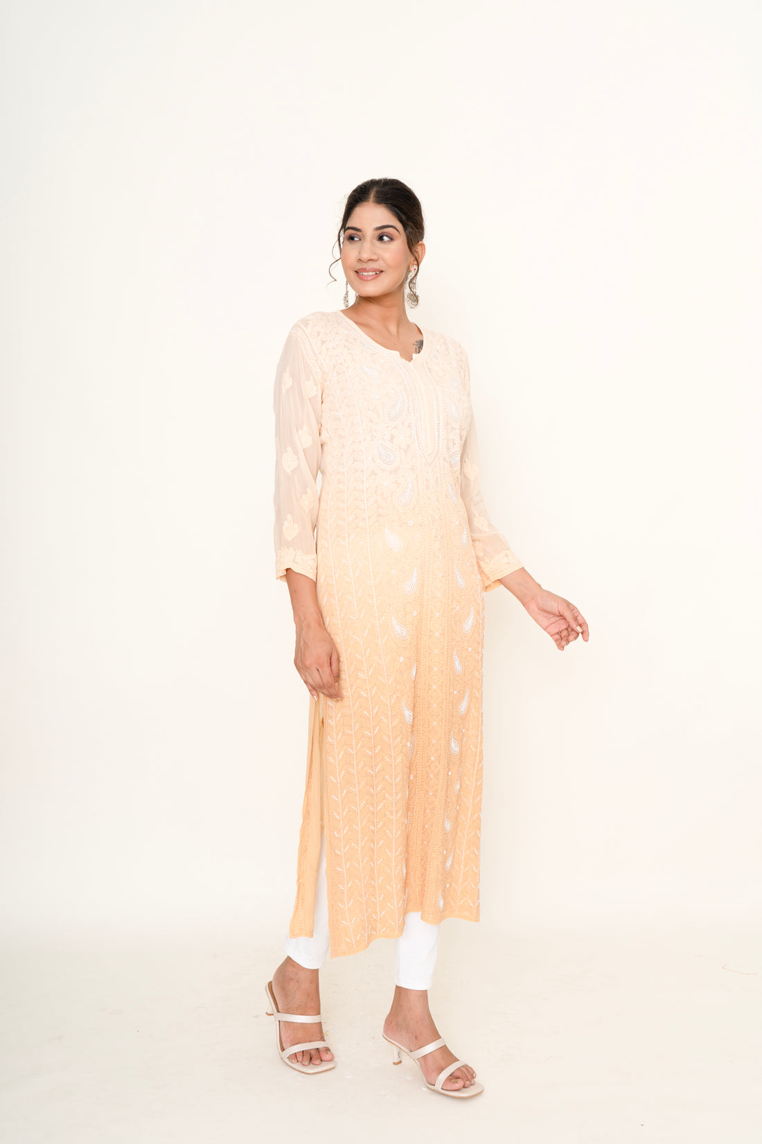 Peach water sequin line work kurta