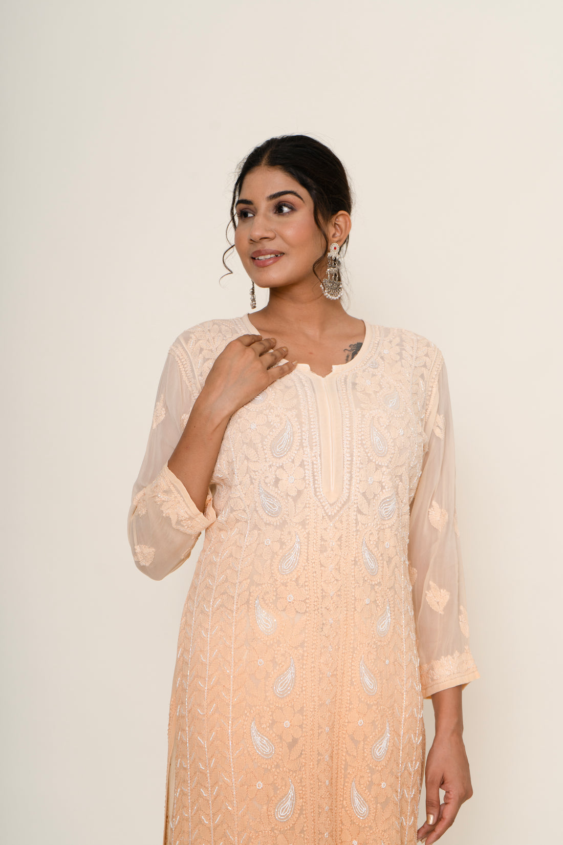 Peach water sequin line work kurta