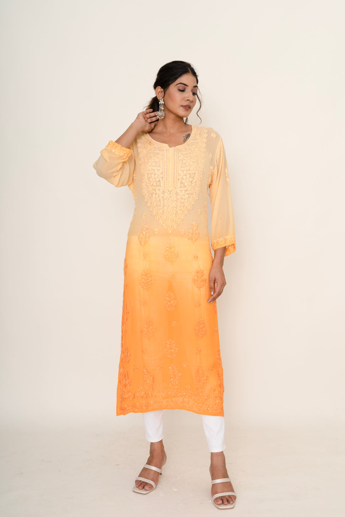 Ombre orange chikankari kurta