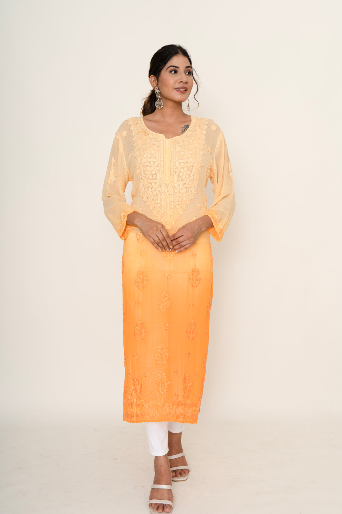 Ombre orange chikankari kurta