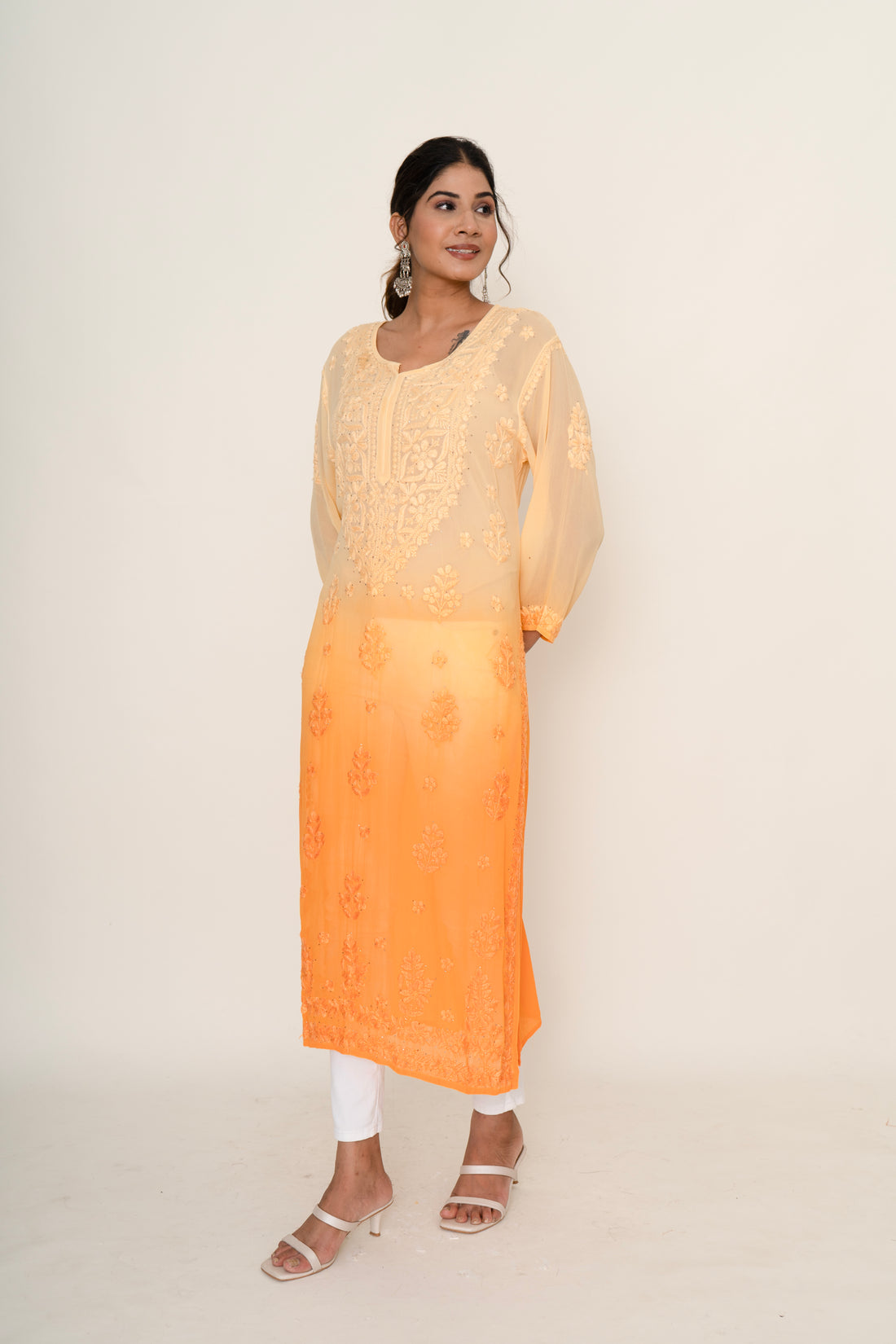 Ombre orange chikankari kurta