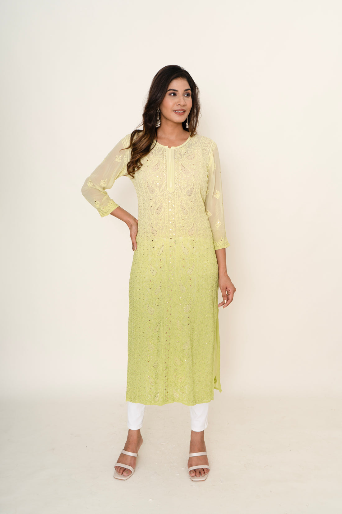 Ombre yellow chikankari long kurta