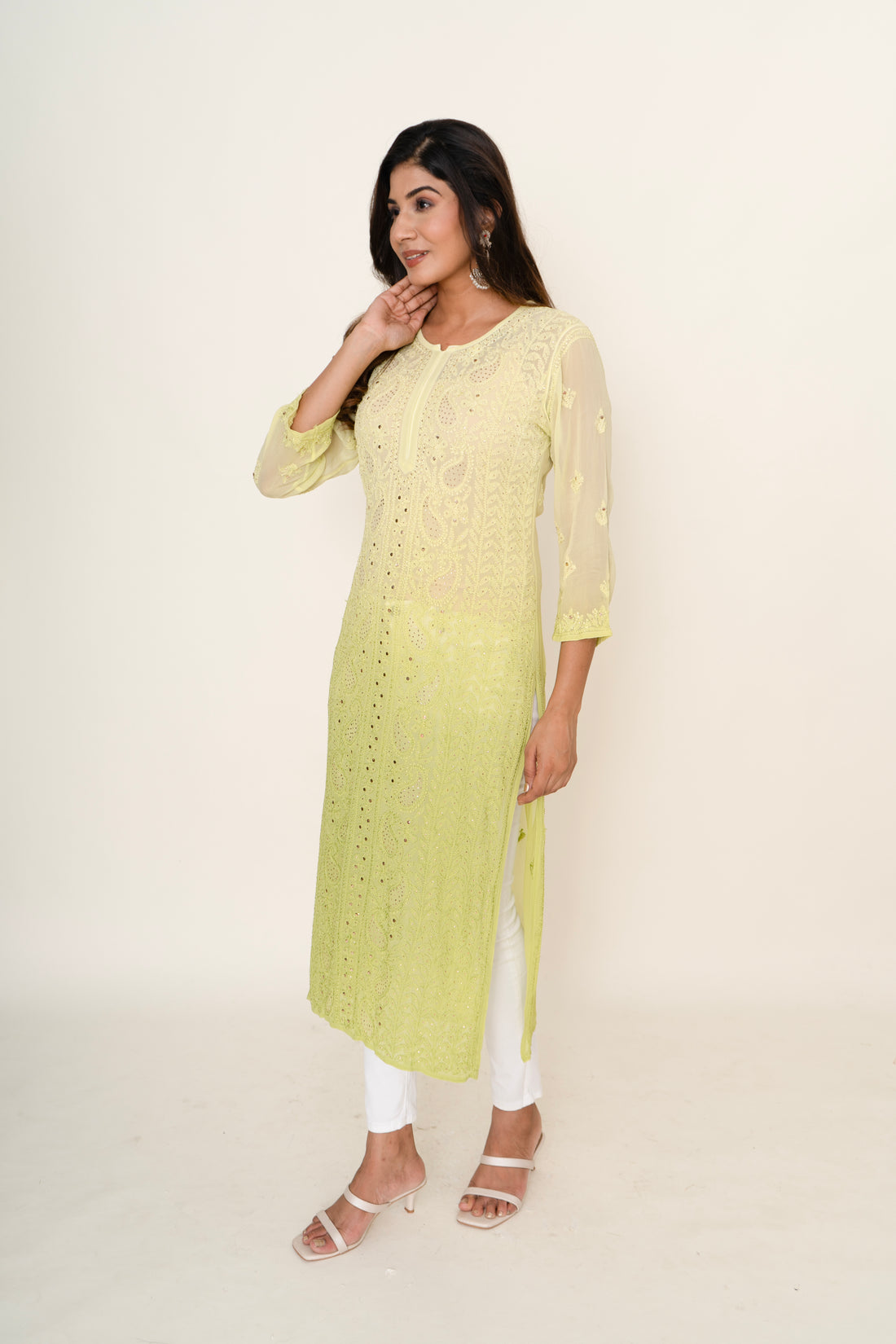 Ombre yellow chikankari long kurta