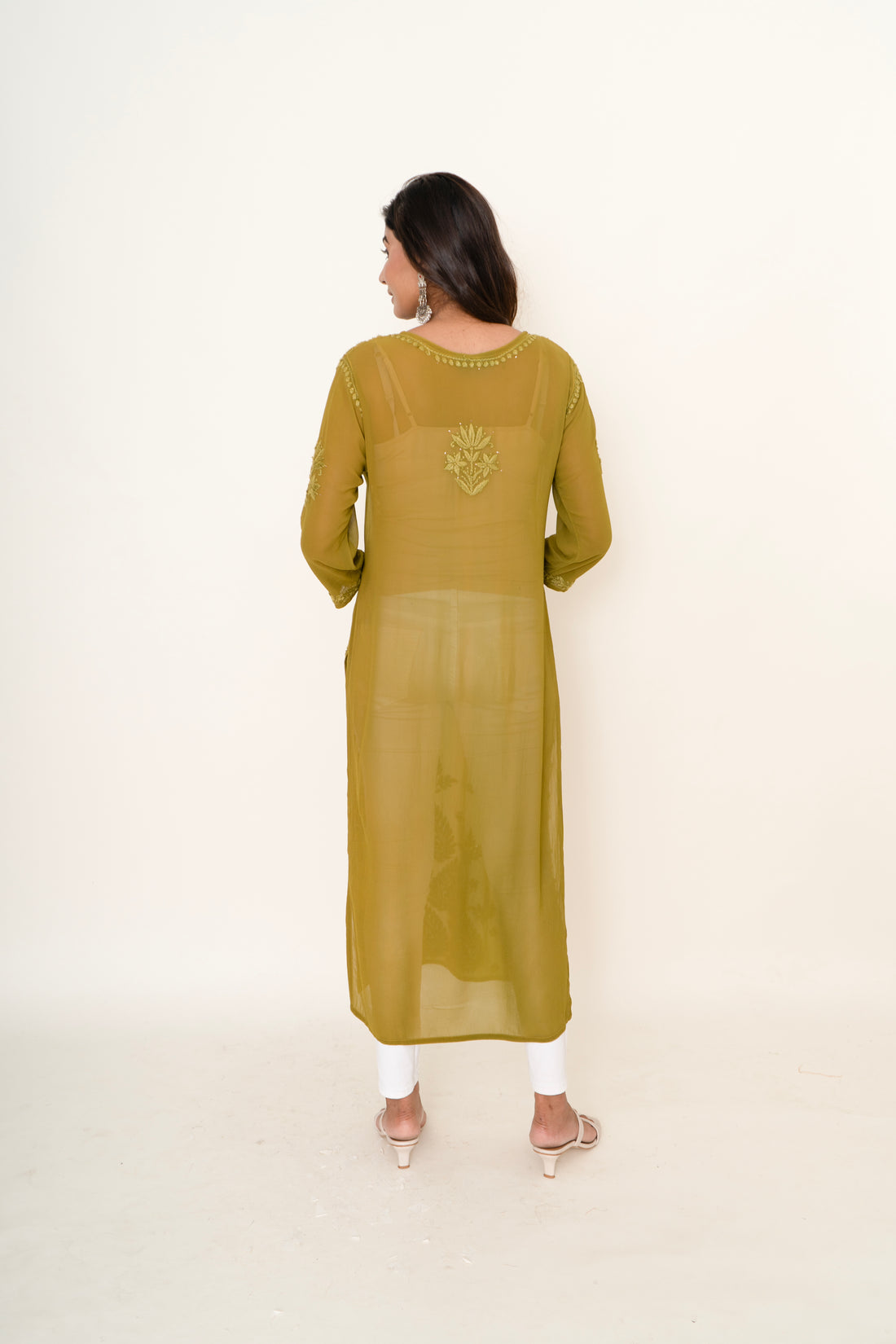 Mehendi green chikankari long kurta