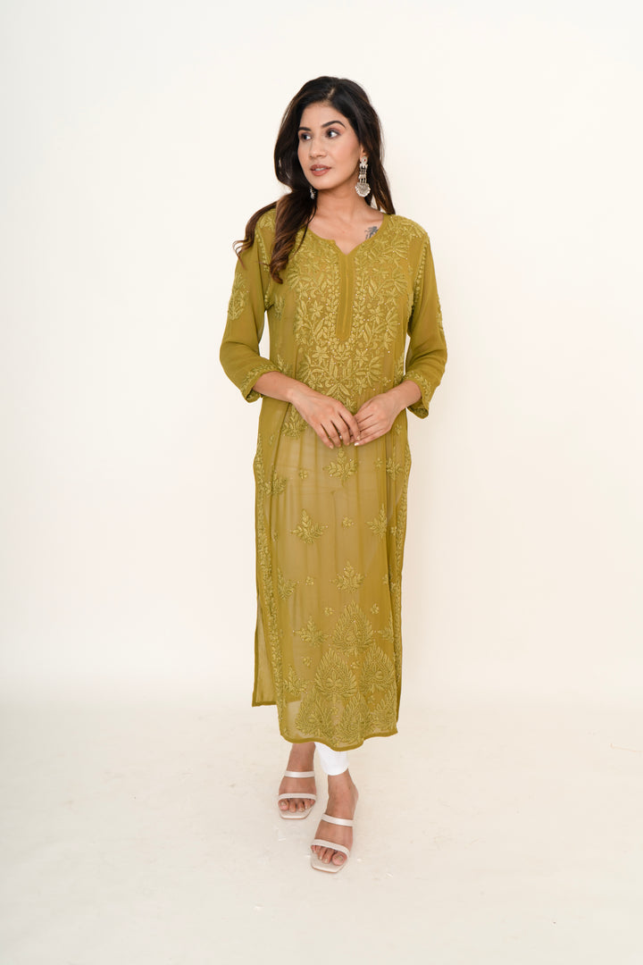 Mehendi green chikankari long kurta