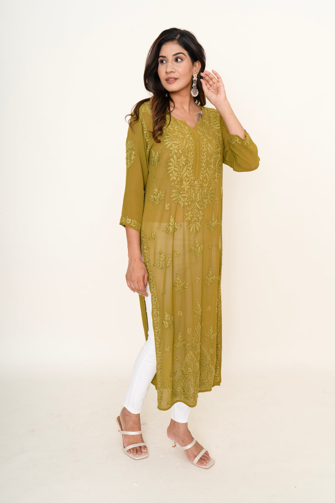 Mehendi green chikankari long kurta