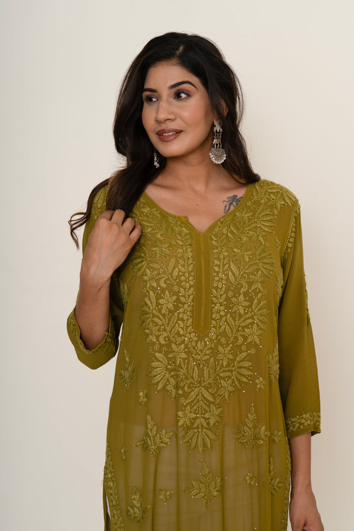 Mehendi green chikankari long kurta