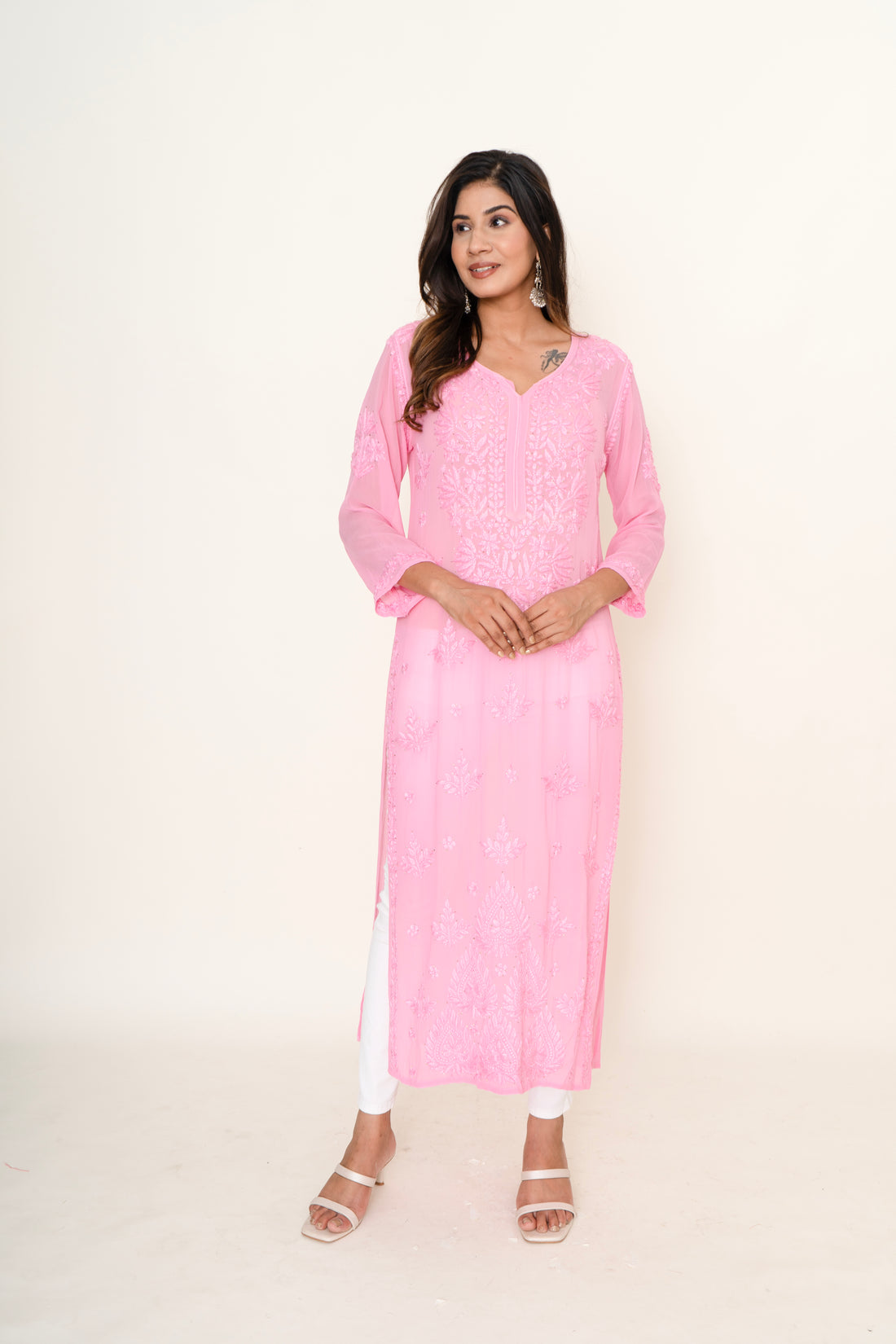 Ombre pink chikankari long kurta