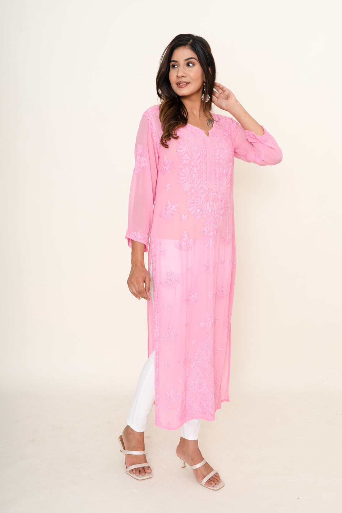 Ombre pink chikankari long kurta