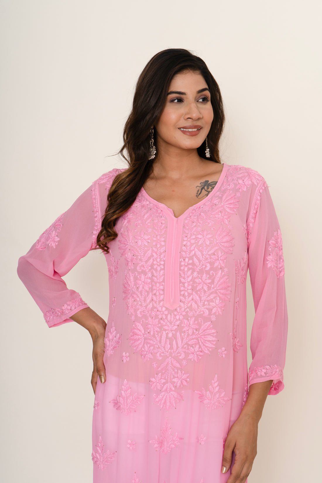 Ombre pink chikankari long kurta