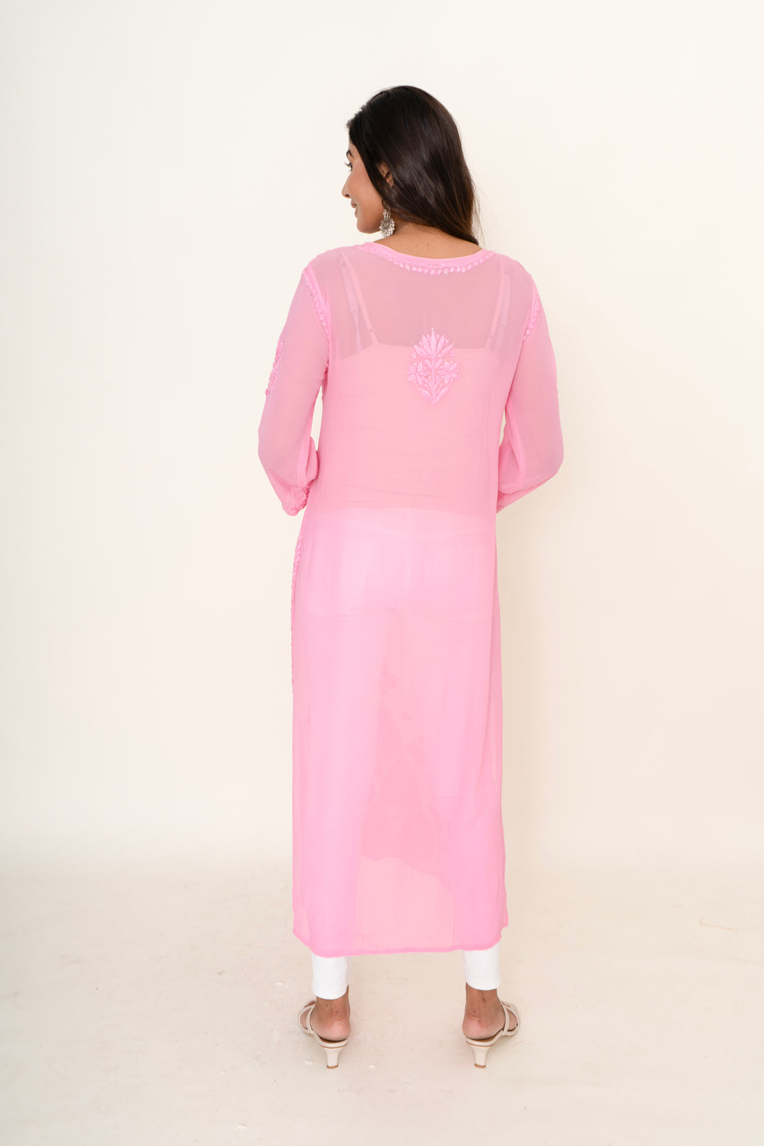 Ombre pink chikankari long kurta