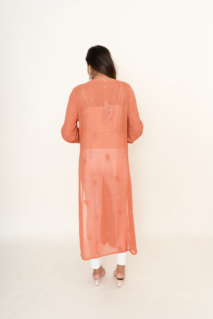 Orange chikankari long kurta