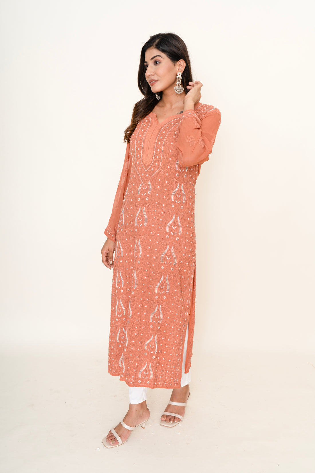 Orange chikankari long kurta