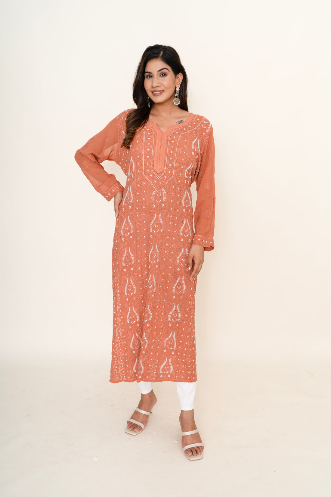 Orange chikankari long kurta