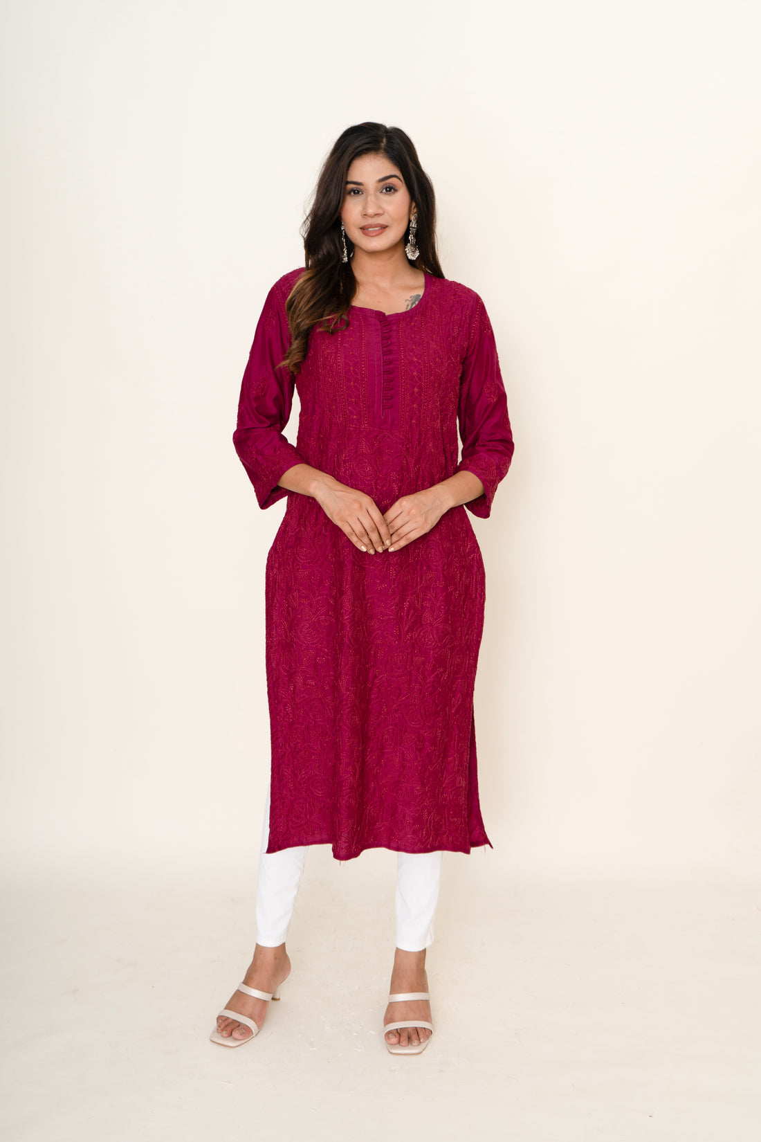 Wine chikankari long kurta