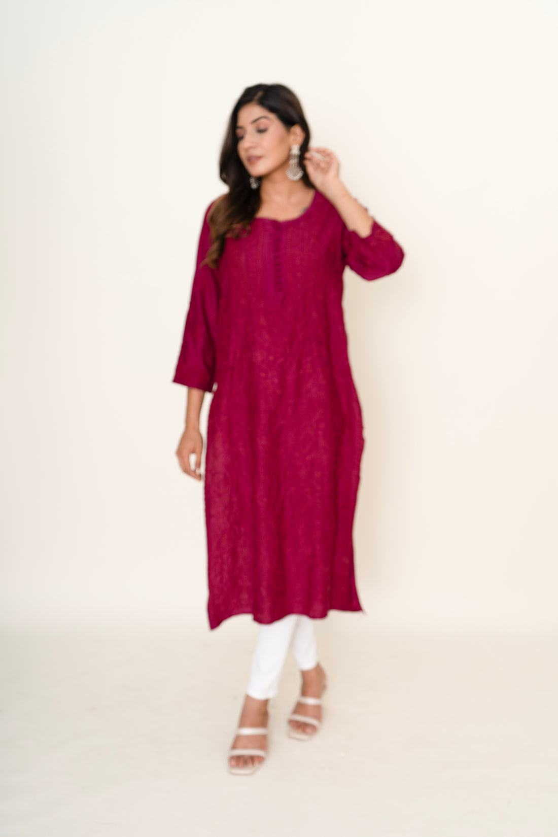 Wine chikankari long kurta