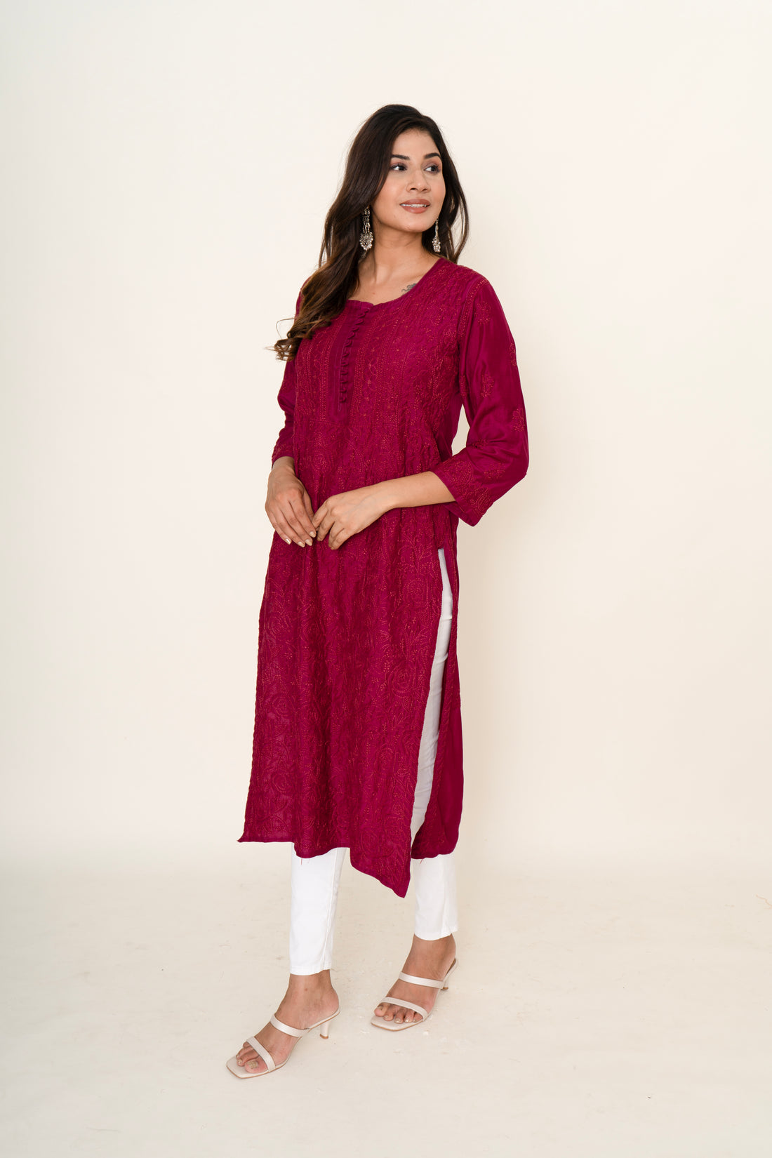 Wine chikankari long kurta