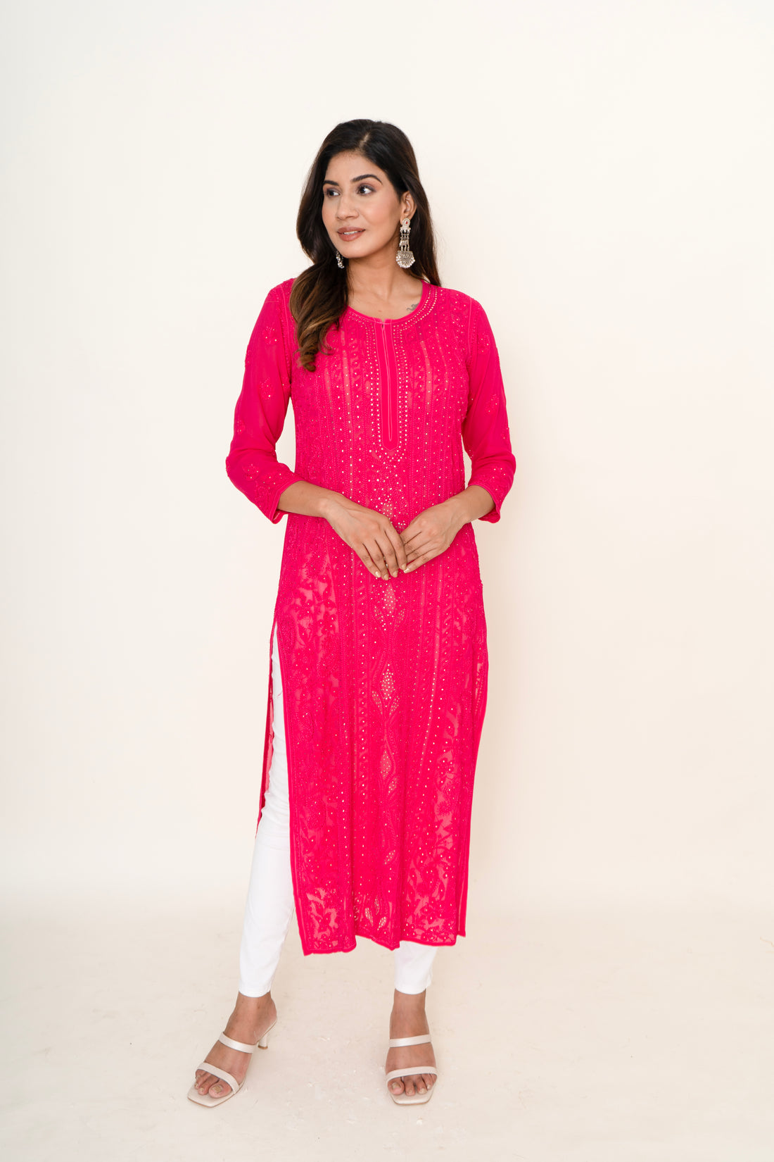 Magenta pink chikankari longkurta