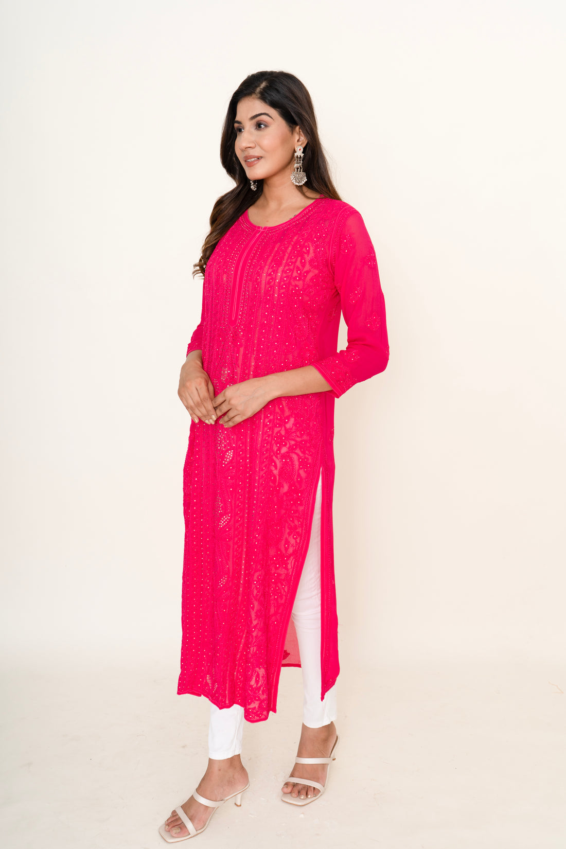 Magenta pink chikankari longkurta