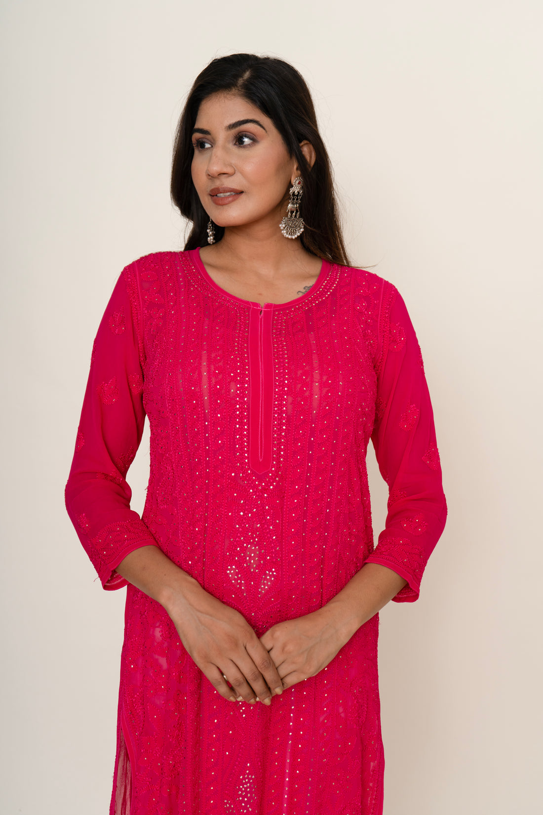 Magenta pink chikankari longkurta