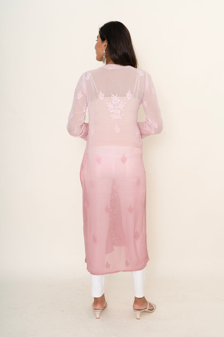 Ombre pink chikankari long kurta