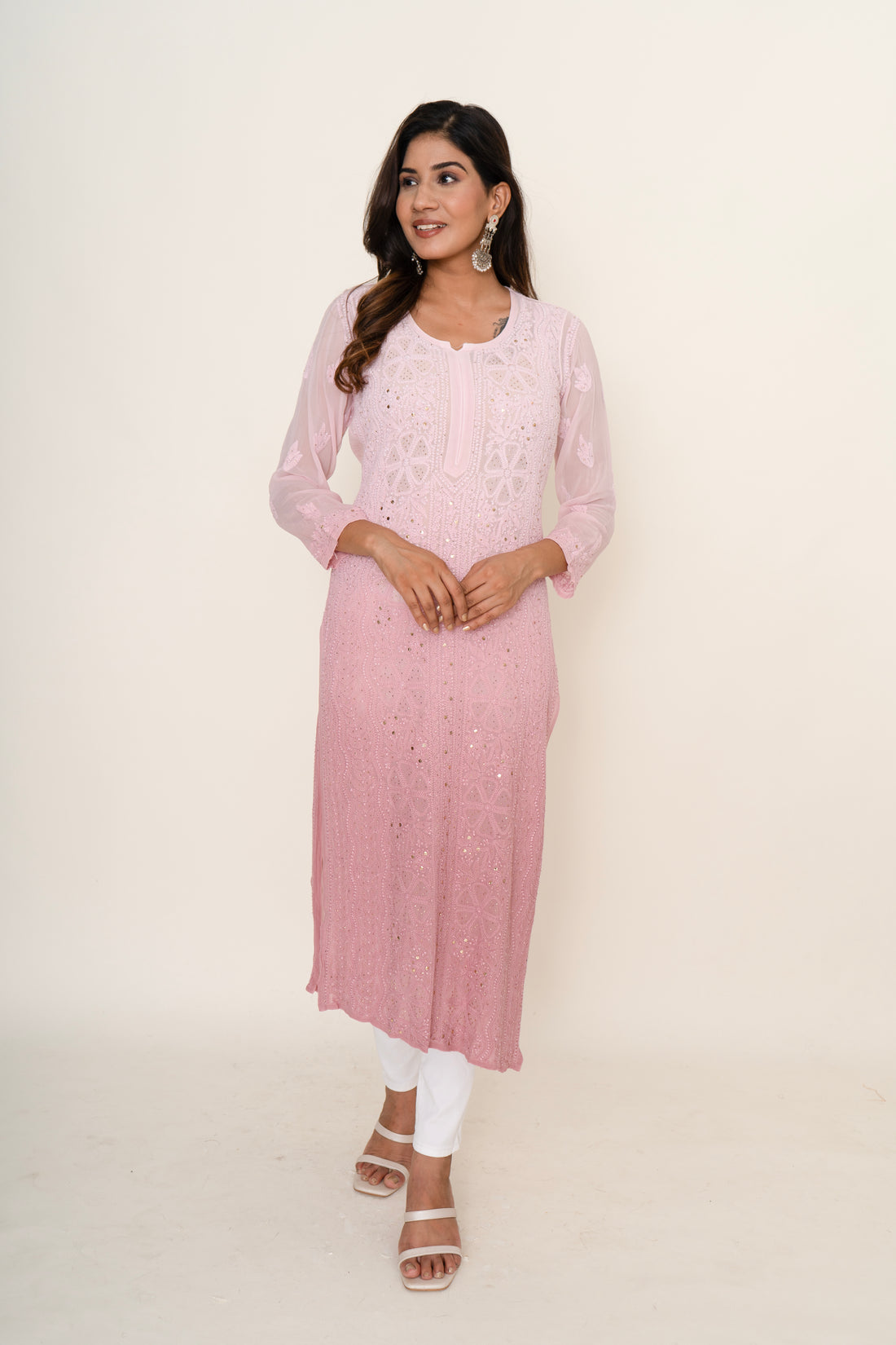 Ombre pink chikankari long kurta