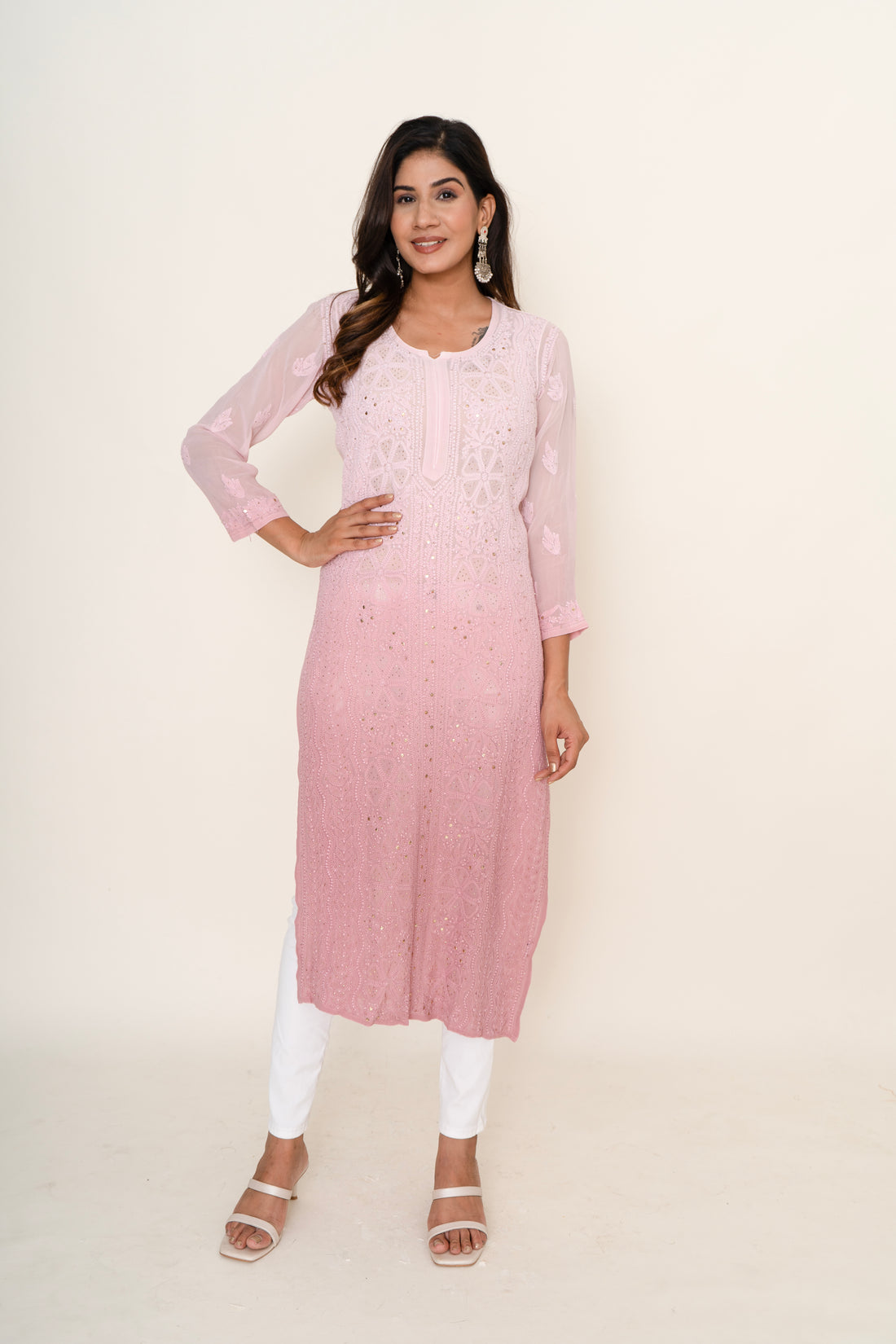 Ombre pink chikankari long kurta