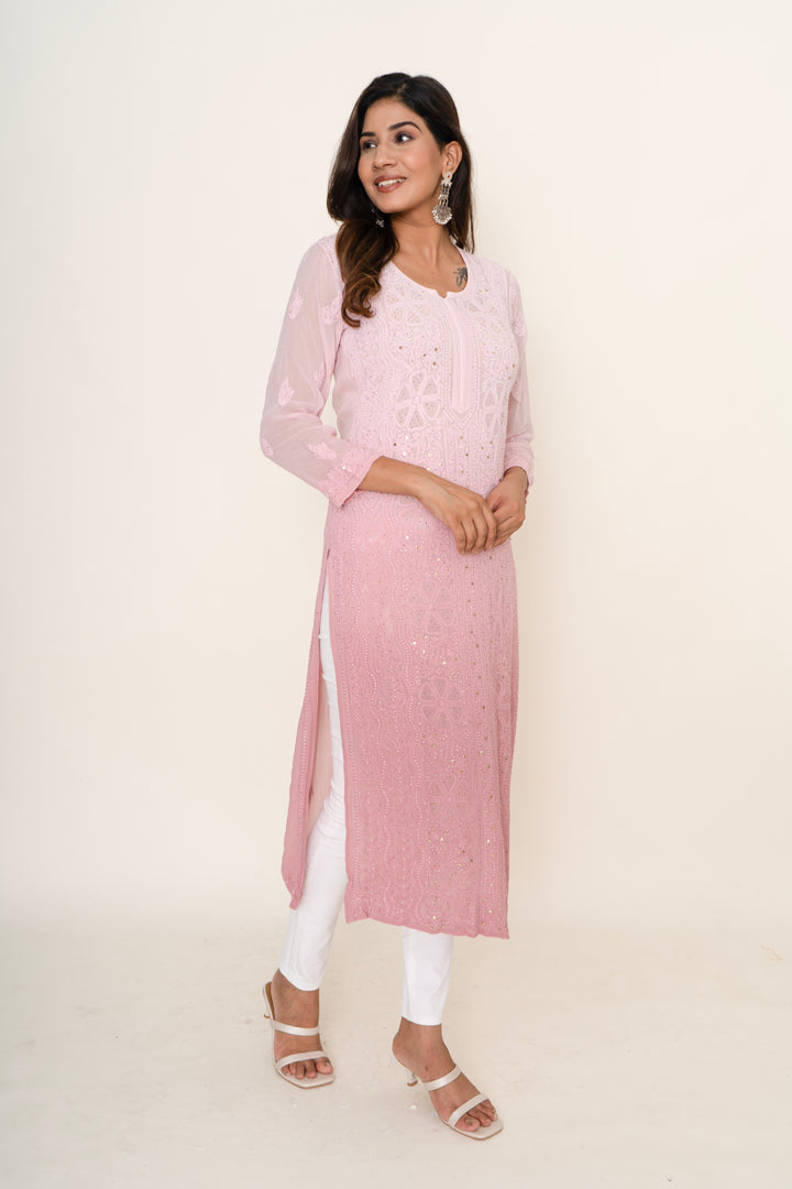 Ombre pink chikankari long kurta