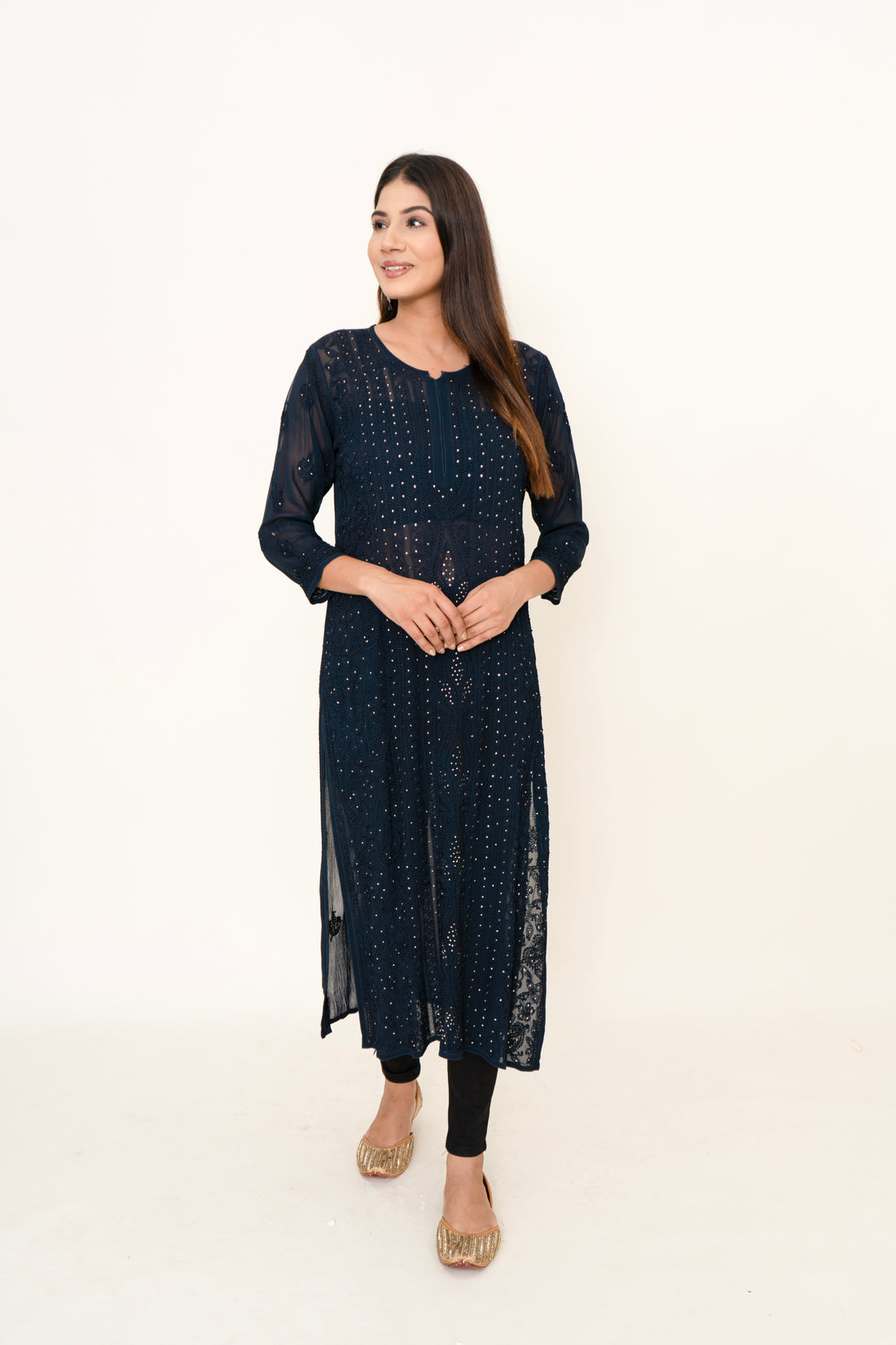 Navy blue chikankari long kurta