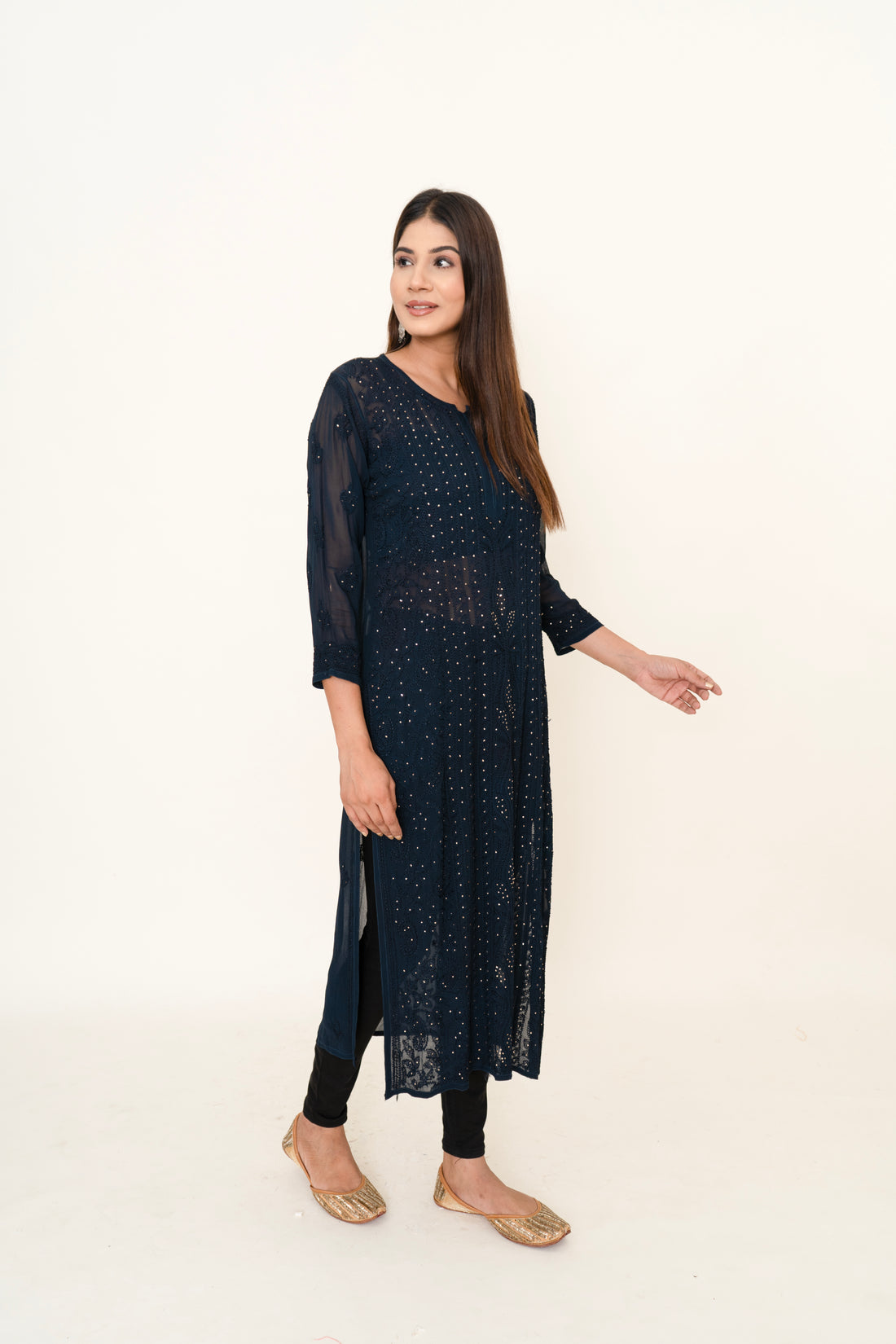 Navy blue chikankari long kurta