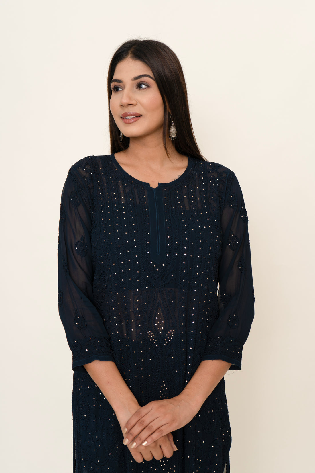 Navy blue chikankari long kurta