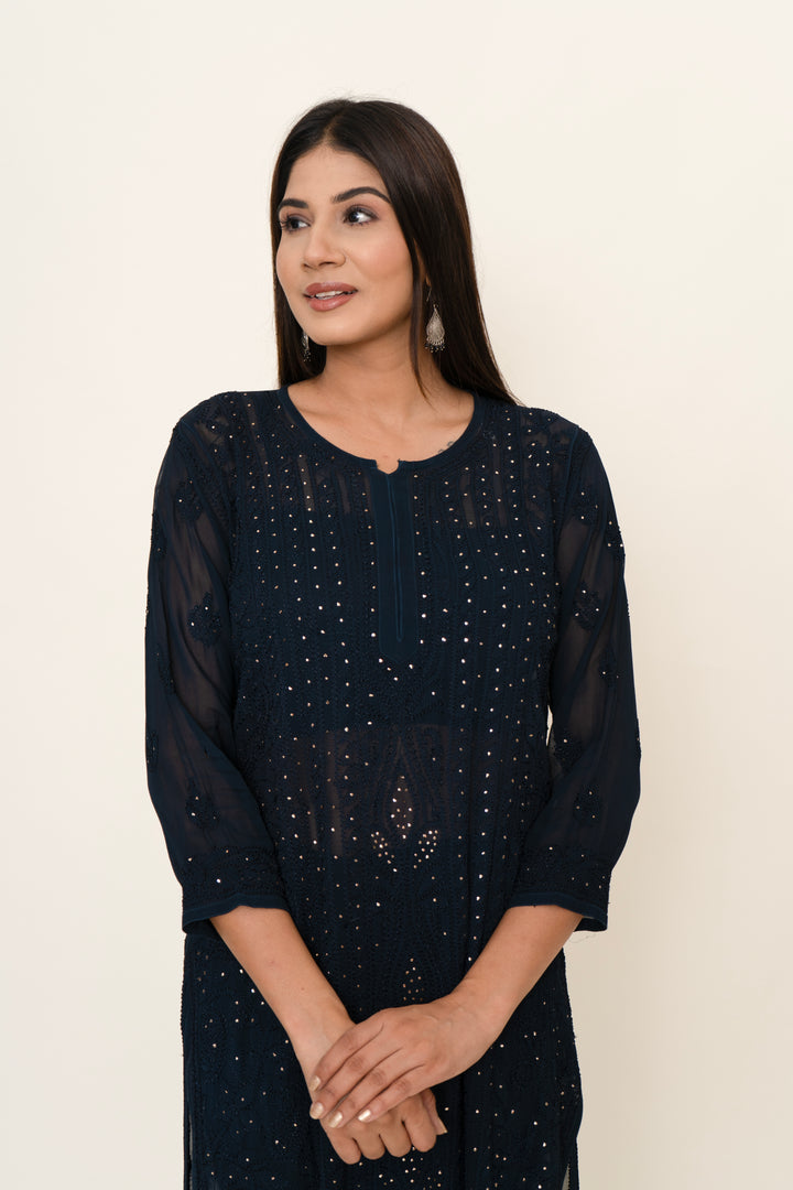 Navy blue chikankari long kurta