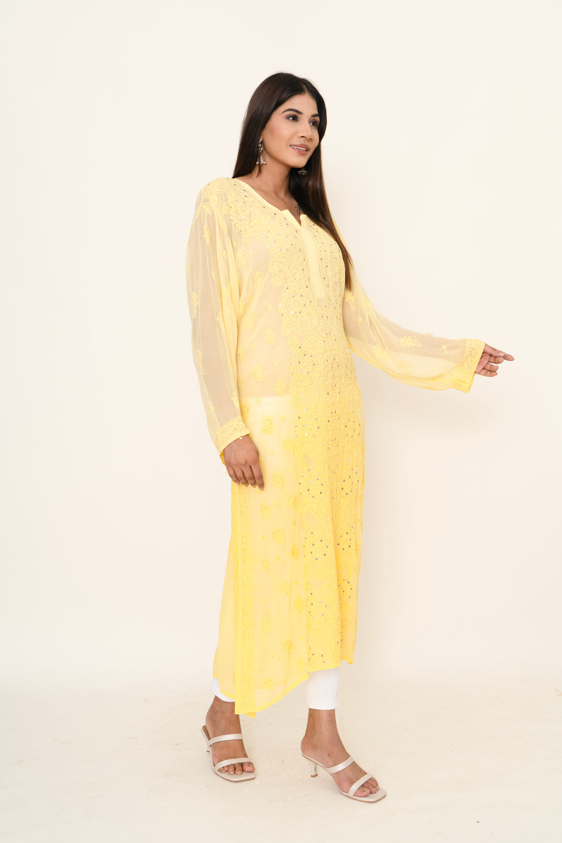 Yellow chikankari long kurta