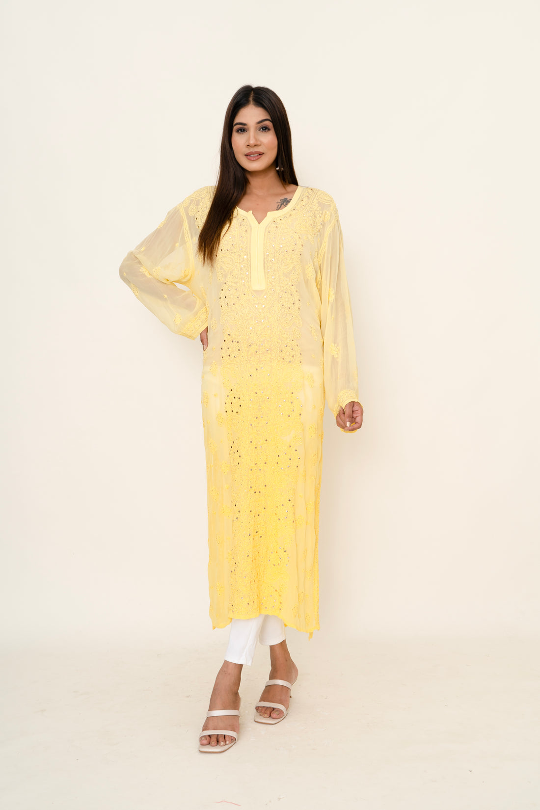 Yellow chikankari long kurta