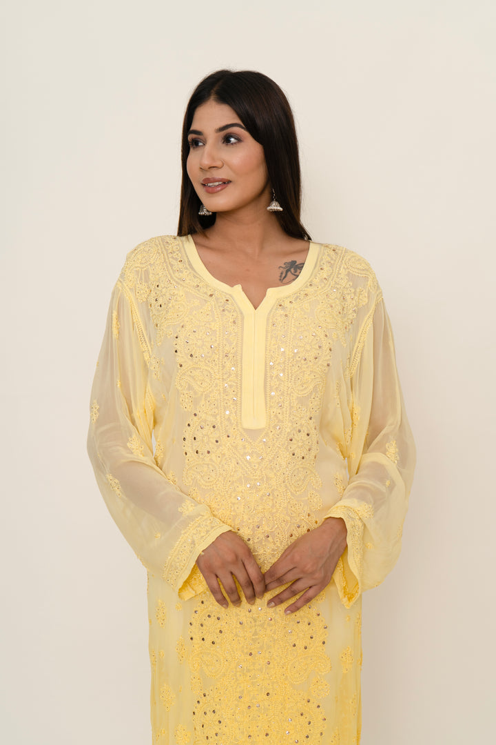 Yellow chikankari long kurta