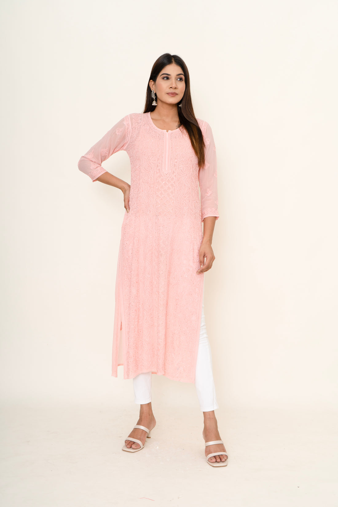 Baby pink Chikankari long kurta