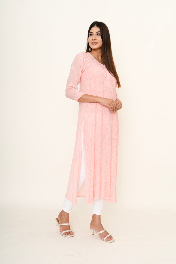 Baby pink Chikankari long kurta