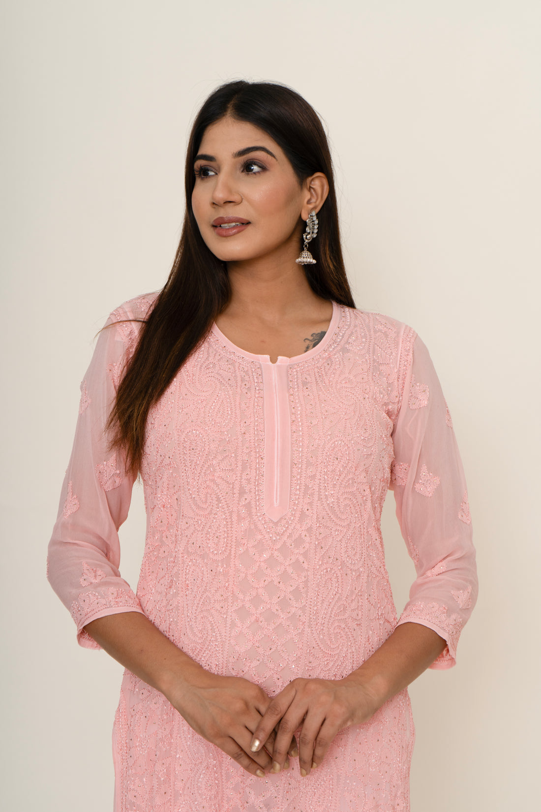 Baby pink Chikankari long kurta